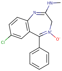 Chemical structure diagram of a benzene ring fused to a diazepine ring. Cl is attached to the benzene; N, H, CH3, and O are attached to the diazepine.